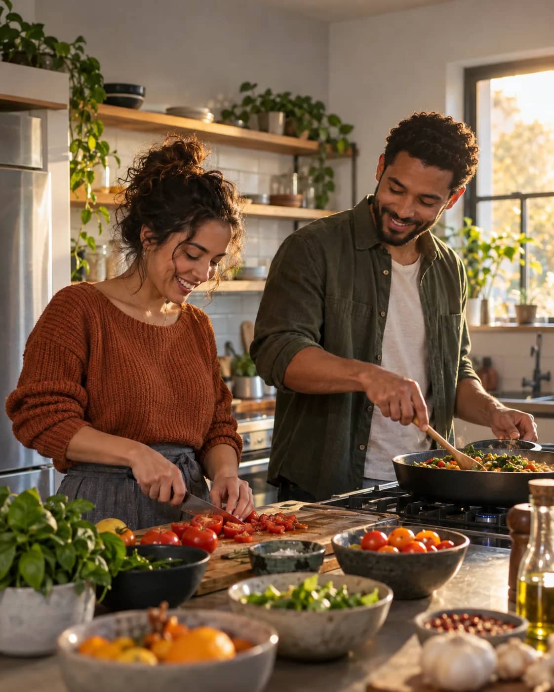 Two people chopping vegetables and stirring dinner together in a home kitchen