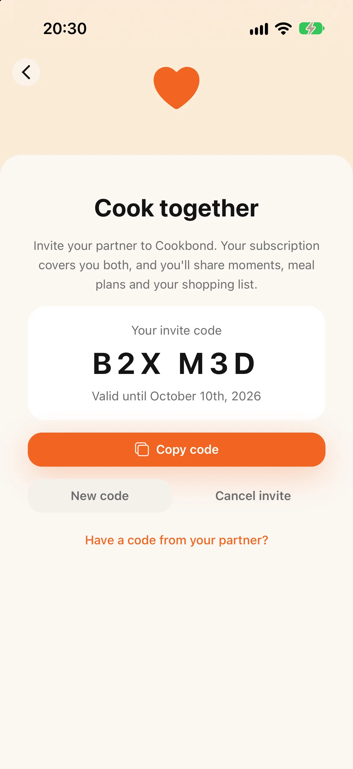 Cookbond invite screen with a partner invite code