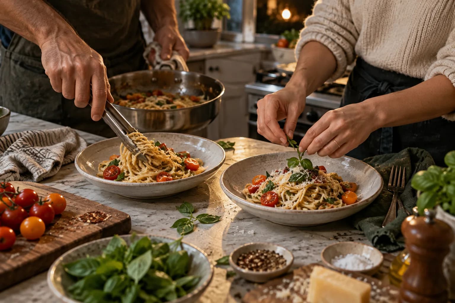Two people plating a homemade pasta dinner together