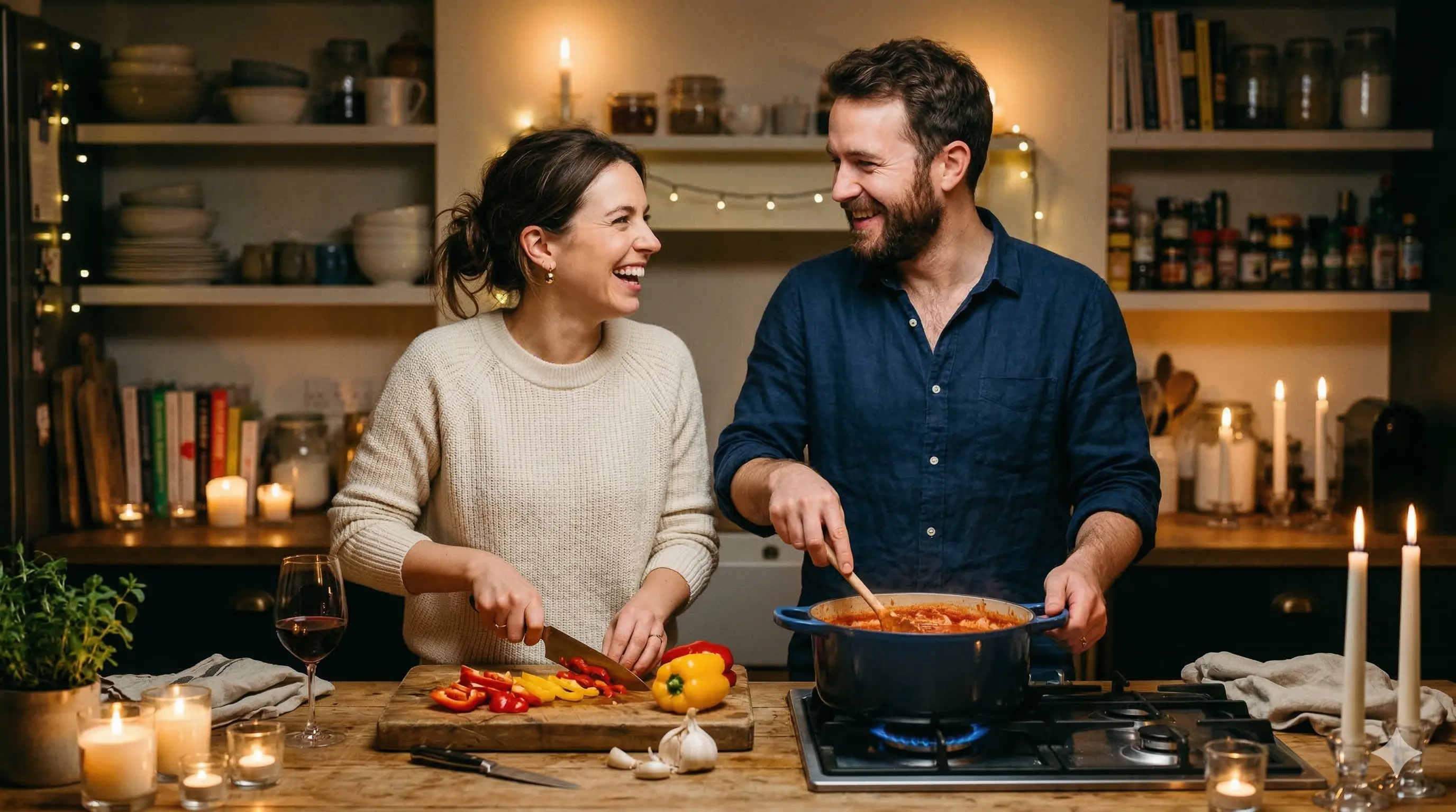 A couple enjoying a cozy date night at home