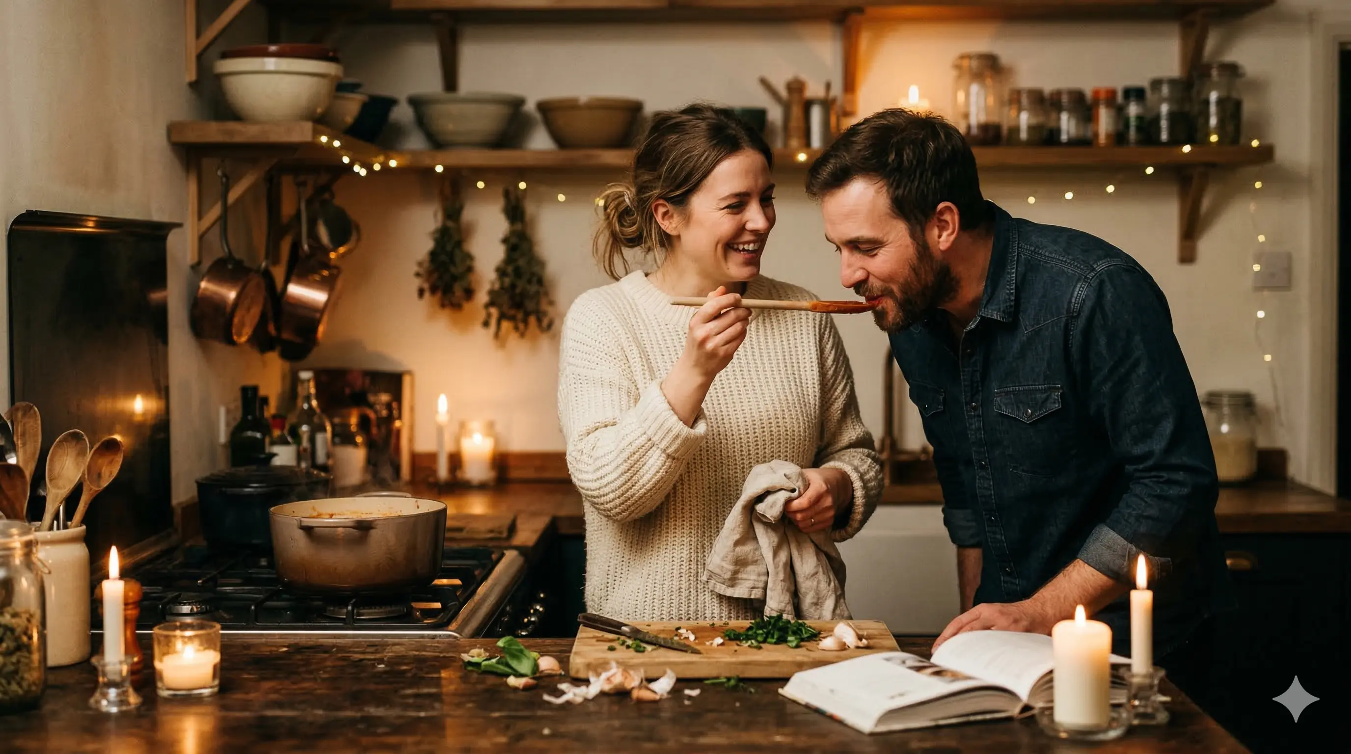 A couple cooking together in the kitchen